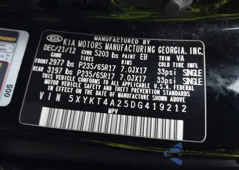 2013 Kia Sorento Lx V6 из США, поврежденный, VIN 5XYKT4A25DG419212